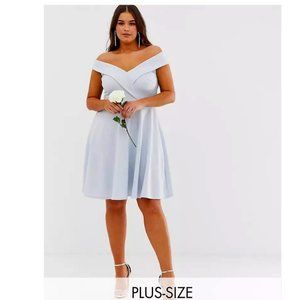 ASOS CLUB L LONDON Plus Bridesmaid Bardot Detail Skater Dress, Blue, Sz 18, Used